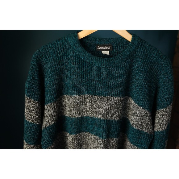 Vintage Turnabout Pullover Sweatshirt Gray & Teal Striped Size L Large USA - Picture 4 of 11